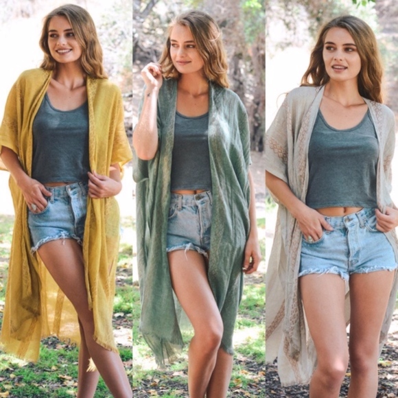 Boho Coral Frayed Hem Kimono Cover up - Picture 4 of 6